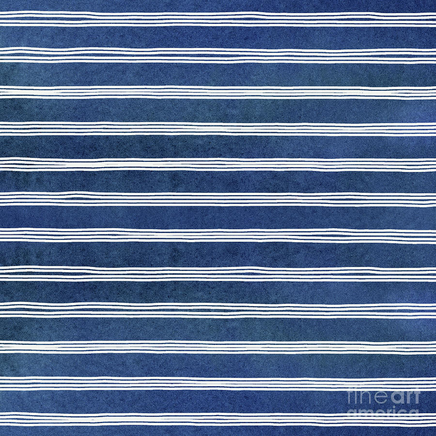 Summer Seas Navy Blue White Hand Drawn Horizontal Stripes Pattern Watercolor Painting by Audrey Jeanne Roberts