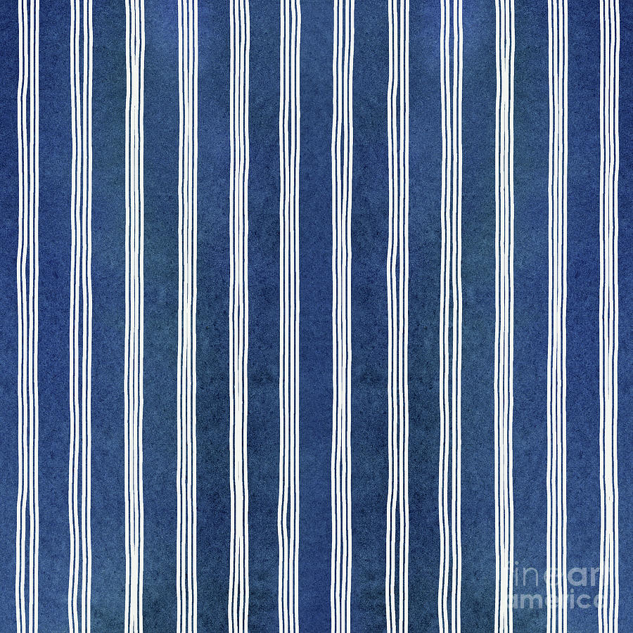 Summer Seas Navy Blue White Hand Drawn Stripes Vertical Pattern Watercolor Painting by Audrey Jeanne Roberts