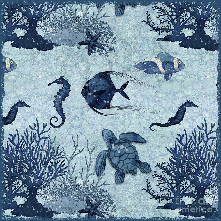 Summer Seas Sea Turtle Seahorse and Coral Marine Blue Painting by Audrey Jeanne Roberts