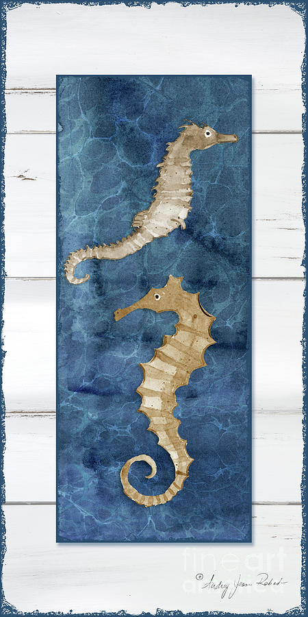 Summer Seas Two Seahorses in Water over White Wood Painting by Audrey Jeanne Roberts