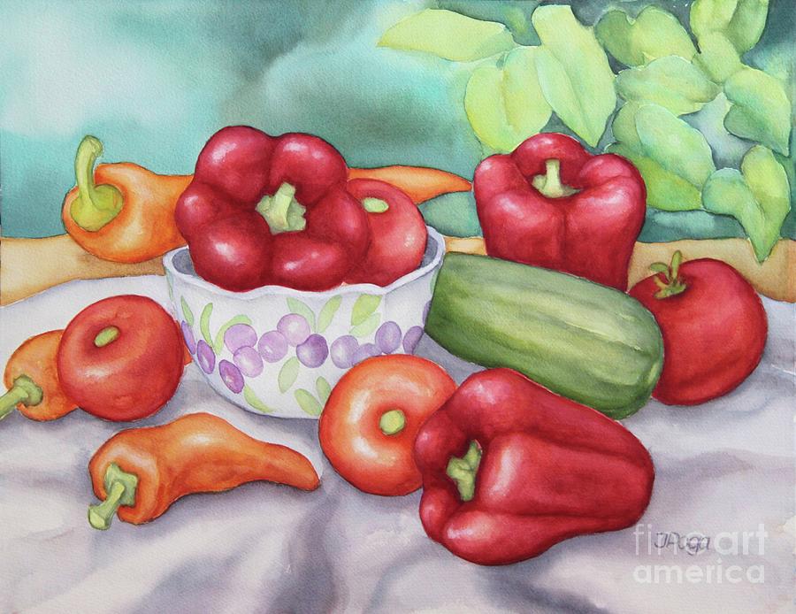 Summer still life with tomatoes and peppers Painting by Inese Poga