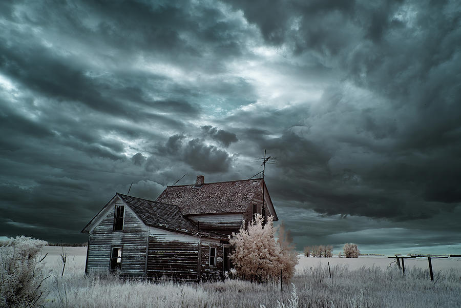 Summer Storm at the Stensby Farm #1 of 2 - abandoned Benson County ND homestead captured in infrare Photograph by Peter Herman