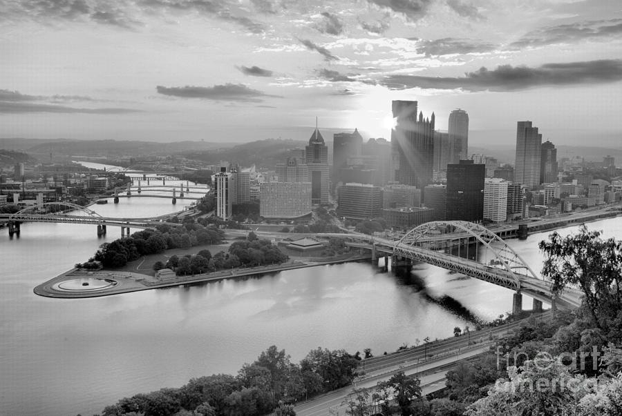 Summer Sunburst Over Pittsburgh Black And White Photograph by Adam Jewell
