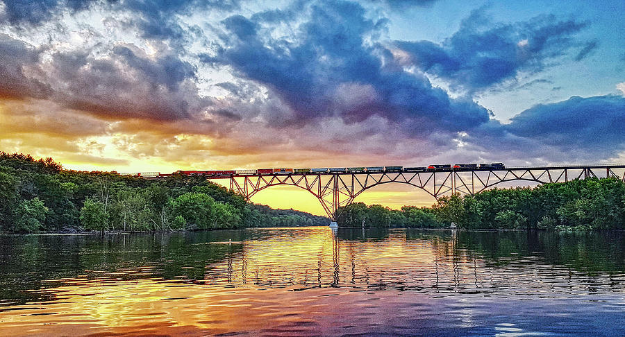 Summer Sunset Train Crossing St Croix River High Bridge Photograph by Greg Schulz Pictures Over Stillwater