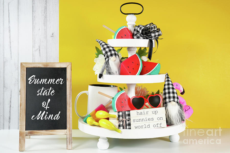 Summer theme on-trend Farmhouse aesthetic three tiered tray deco Photograph by Milleflore Images