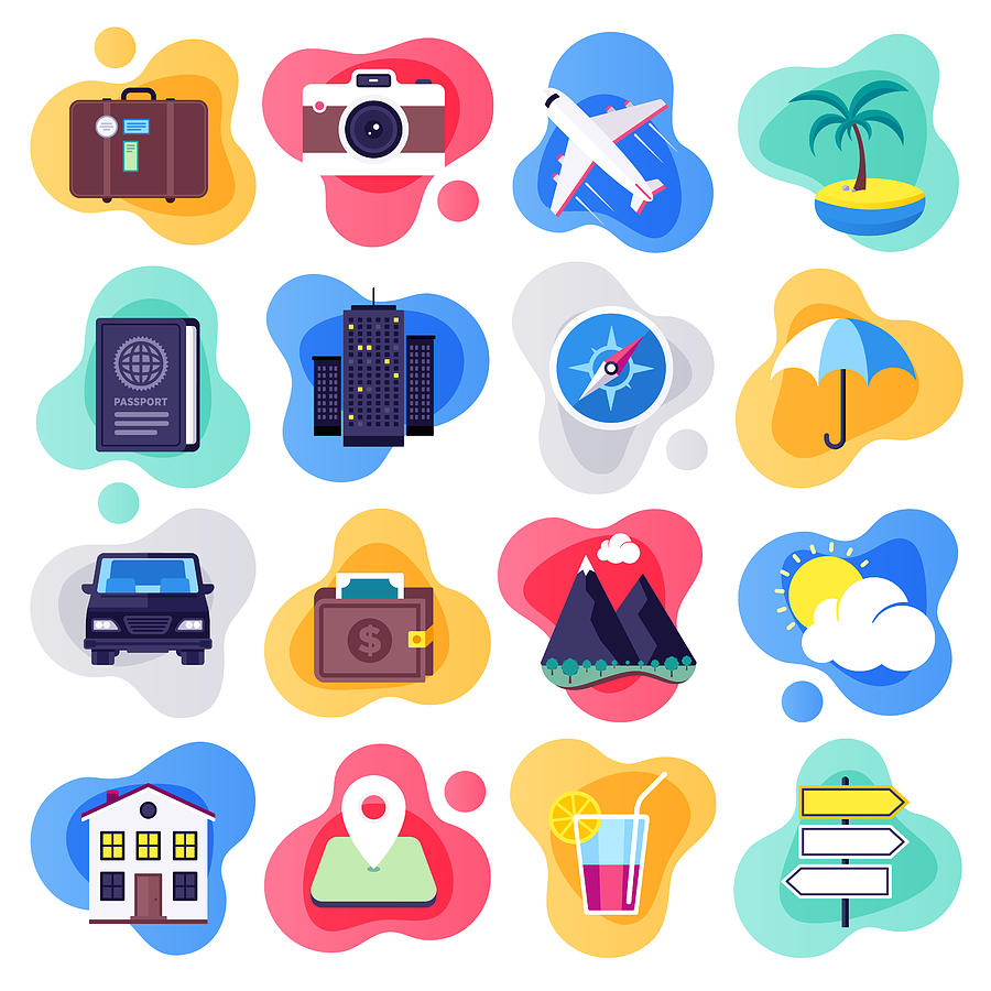 Summer Tour Vacation & Travels Flat Flow Style Vector Icon Set Drawing by Denkcreative