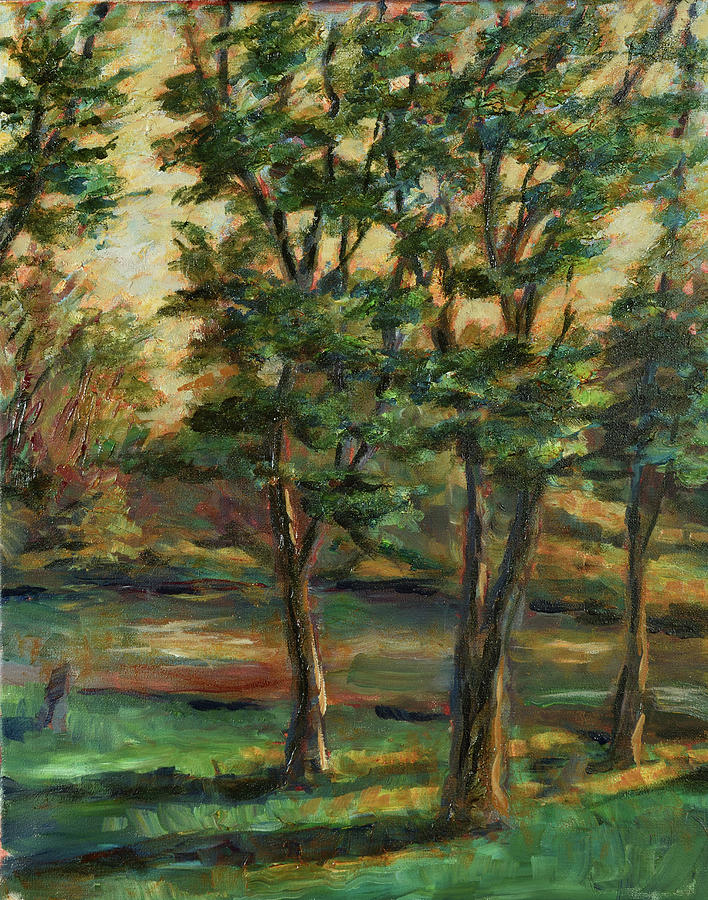 Summer Trees by Lake Painting by David Dorrell