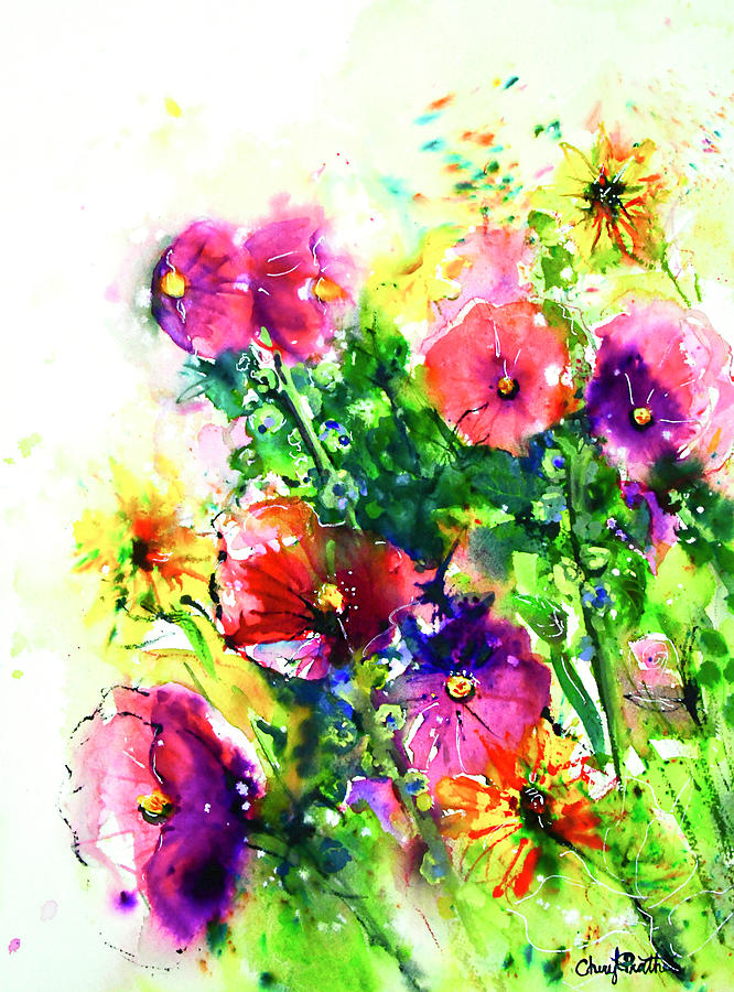 Summer With The Hollyhocks Painting by Cheryl Prather
