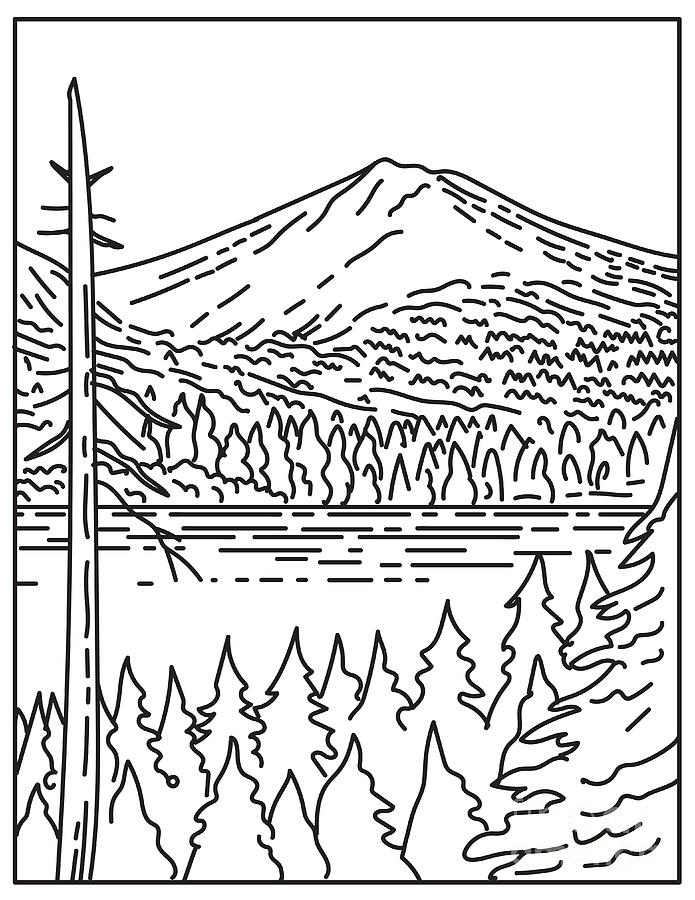 Summit Of Lassen Peak Volcano Within Lassen Volcanic National Park In Northern California United States Mono Line Or Monoline Black And White Line Art Digital Art