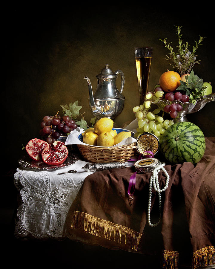 Sumptuous Still Life piece with Fruits and Flute Glass Photograph by Levin Rodriguez