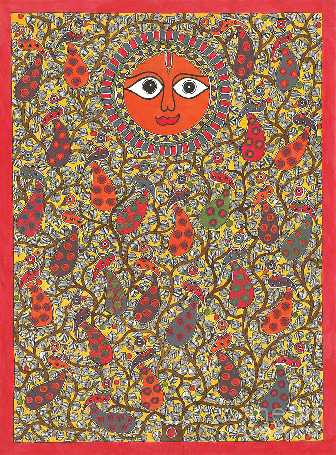 Madhubani Painting - Sun and Birds by Mithila Crafts