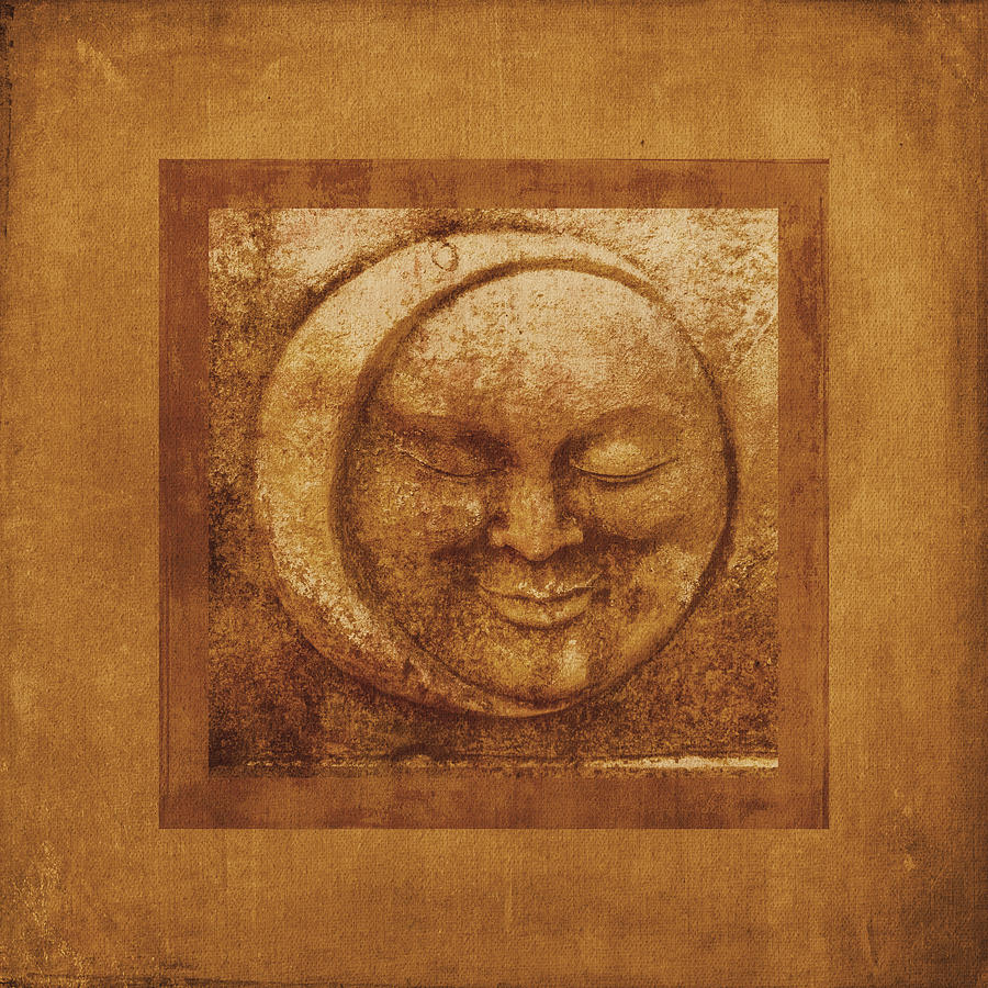 Vintage Mixed Media - Sun and Moon Face Stone Carving Framed with Textures by Western Exposure