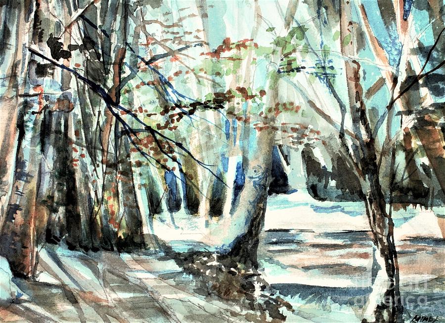 Sun Beams in Ohios Winter Hocking Hills Painting by Mindy Newman