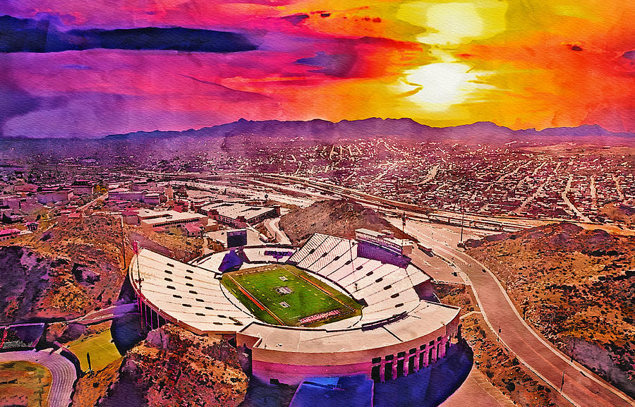 Sun Bowl stadium in El Paso at sunset - watercolor painting Digital Art by Nicko Prints