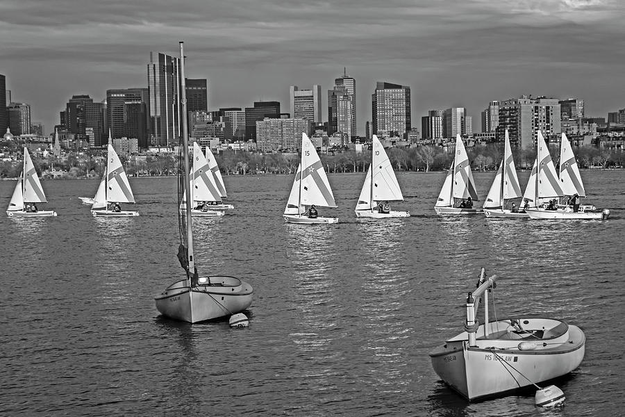 Sun Brightened Boats Sailing the Charles River Boston MA Cambridge MA Black and White Photograph by Toby McGuire