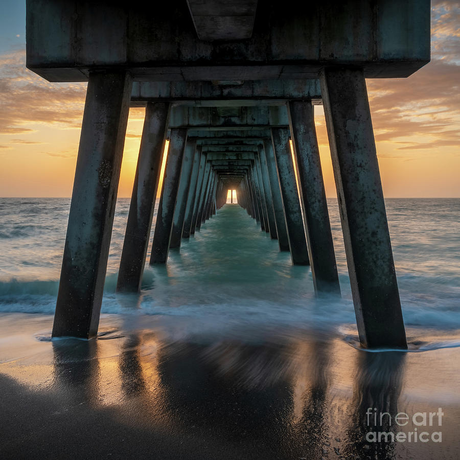 Sun Centered Under Venice Fishing Pier, Florida 4 Square Photograph by Liesl Walsh