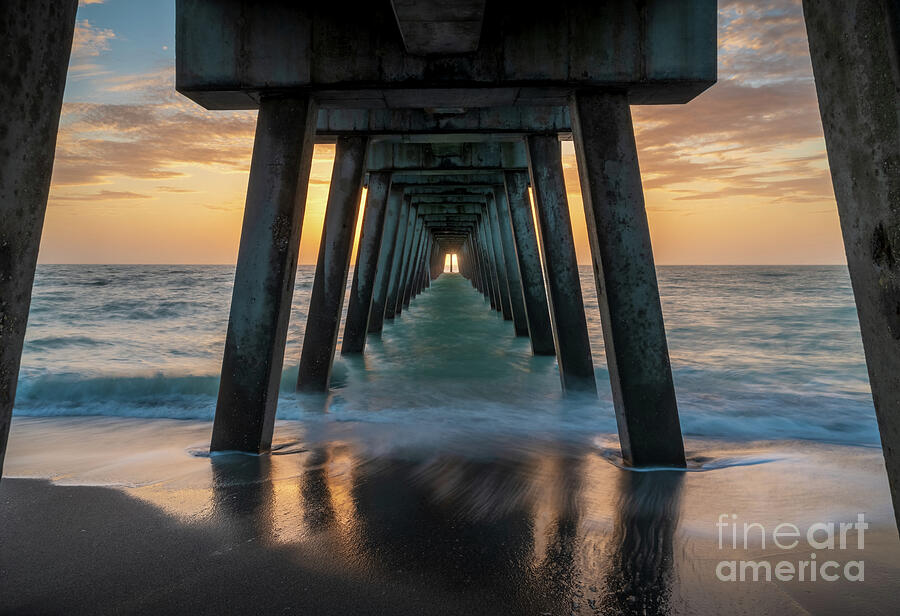 Beach Photograph - Sun Centered Under Venice Fishing Pier, Florida by Liesl Walsh