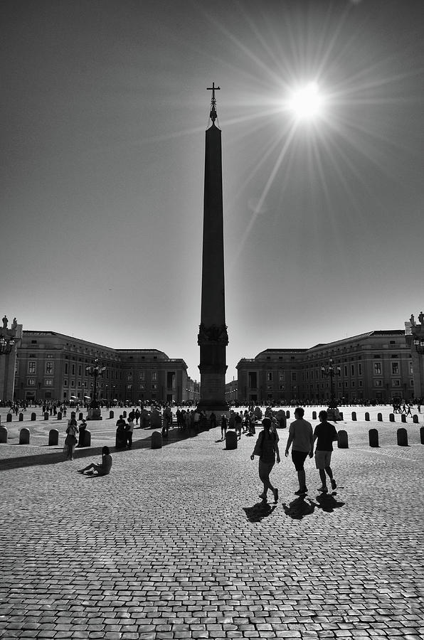 Sun Flare Silhouette on Saint Peters Square Obelisk Black and White Photograph by Shawn OBrien