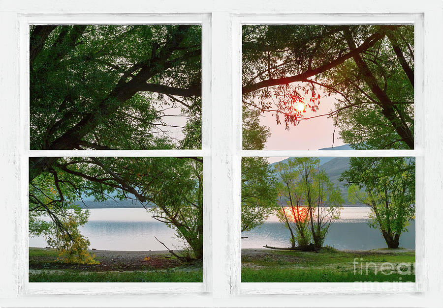 Sun Glowing Lush Trees Lakeside Whitewash Picture Window View Photograph by James BO Insogna