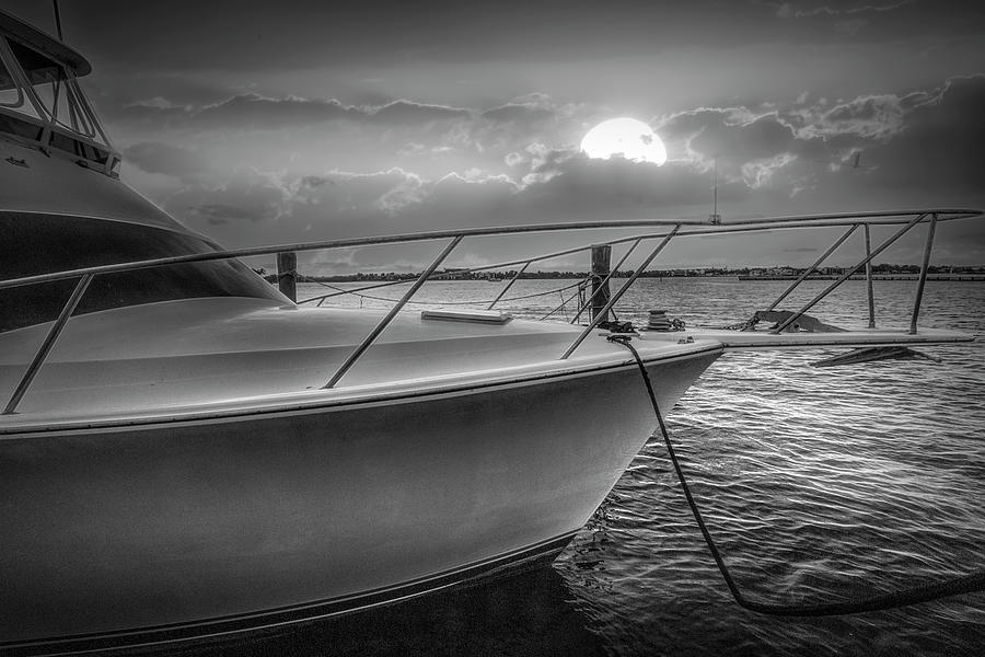 Boat Photograph - Sun is Setting over the Harbor Black and White by Debra and Dave Vanderlaan