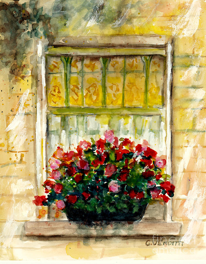 Sun Lit Stained Glass Window With Flower Box Montreal Street Scene Painting Grace Venditti Artist Painting by Grace Venditti