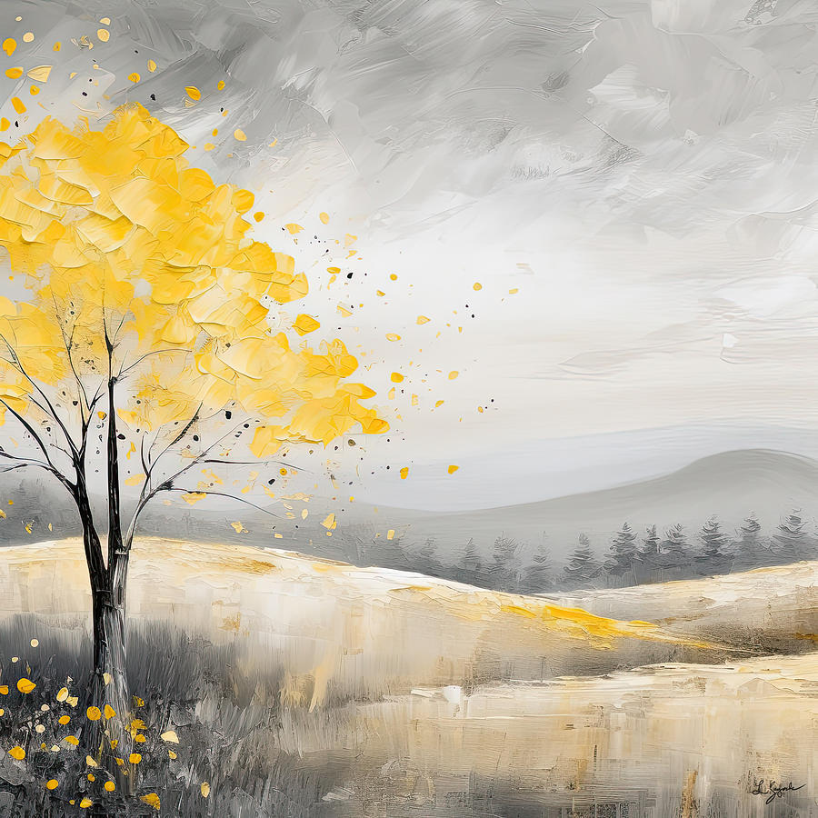 Sun On A Gray Day - Yellow and Gray Art Painting by Lourry Legarde