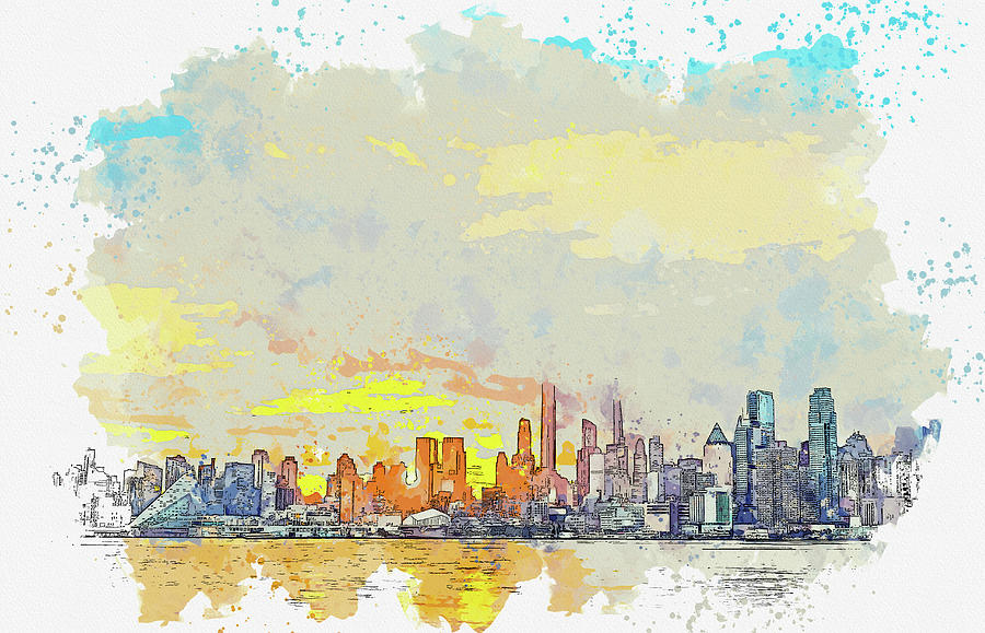 Sun Rises on the New York Skyline, ca 2021 by Ahmet Asar, Asar Studios Painting by Celestial Images