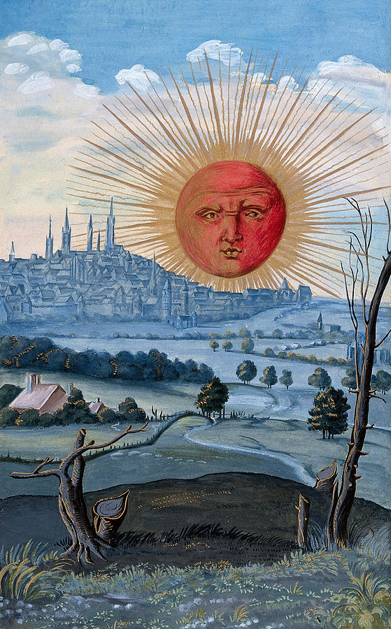 Sun Rising over the City, from Splendor Solis, circa 16th century Drawing by Anonymous