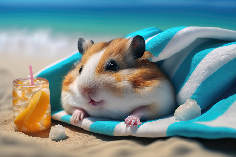 Sun, Sand, and Sips The Happy Hamster's Beach Adventure Digital Art