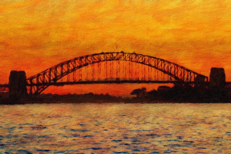 Sun setting on the Sydney Harbour Bridge. Digital Art by Joe Vella | Pixels