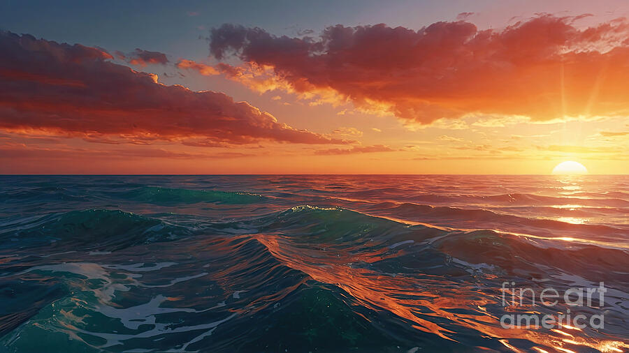 Sun Setting Over Vast Ocean Waves Digital Art by Benny Marty