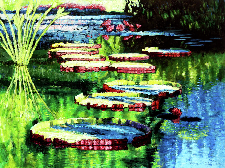 Sun-Streaked Lily Pond Painting by John Lautermilch