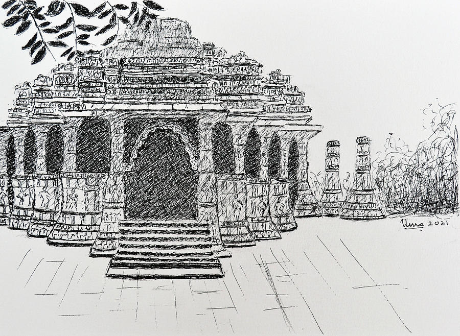 Sun temple, Modhera, India 2 Drawing by Uma Krishnamoorthy