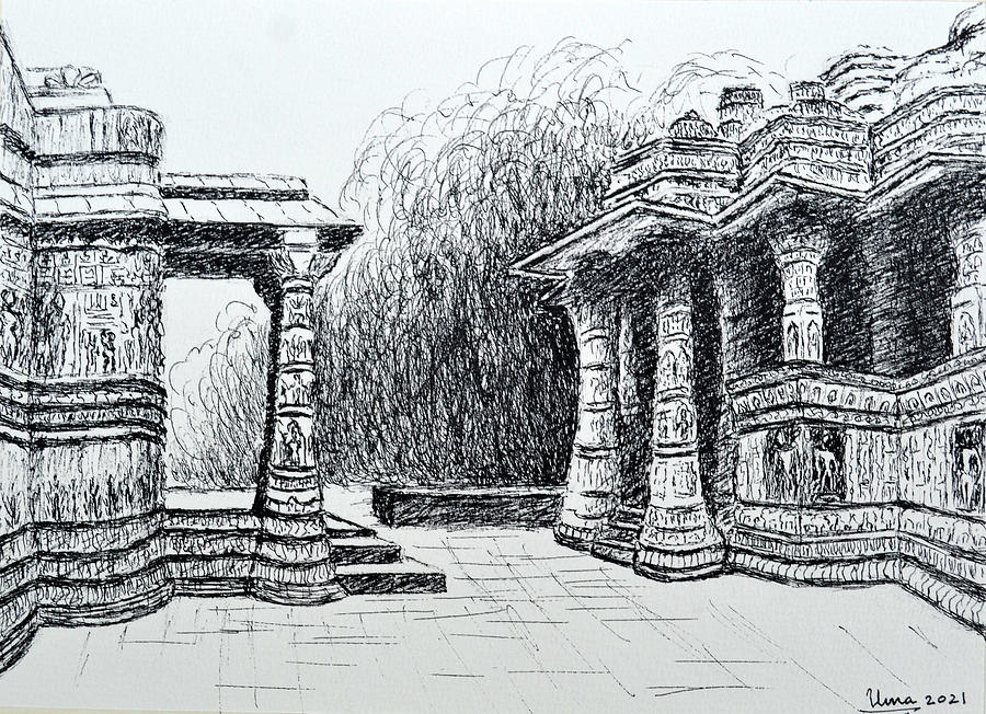 Sun Temple, Modhera, India 3 Drawing by Uma Krishnamoorthy