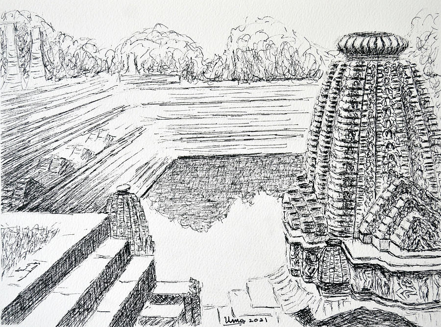Sun Temple, Modhera, India 1 Drawing by Uma Krishnamoorthy