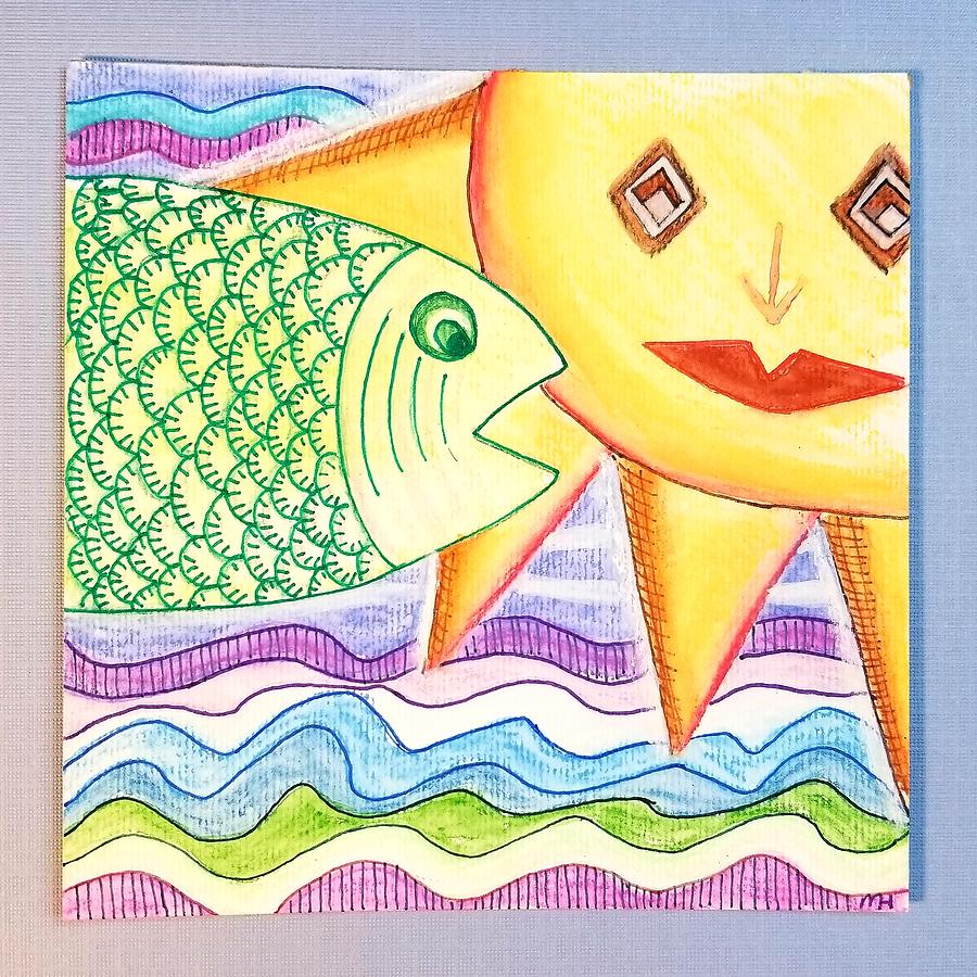 Sun with Green Fish Painting by Monica Habib