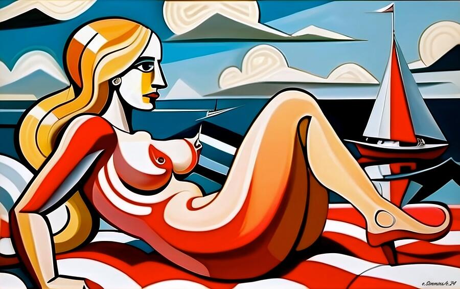 Stylized Mixed Media - Sunbather Picasso style #2 by Earl Simmins