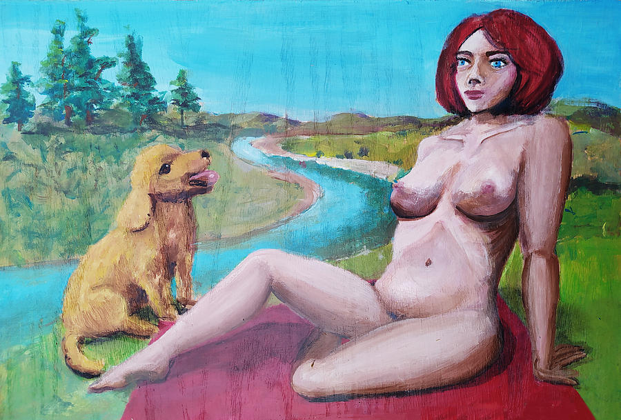 Sunbathing by the River with my Puppy Painting by Sylvia Brallier