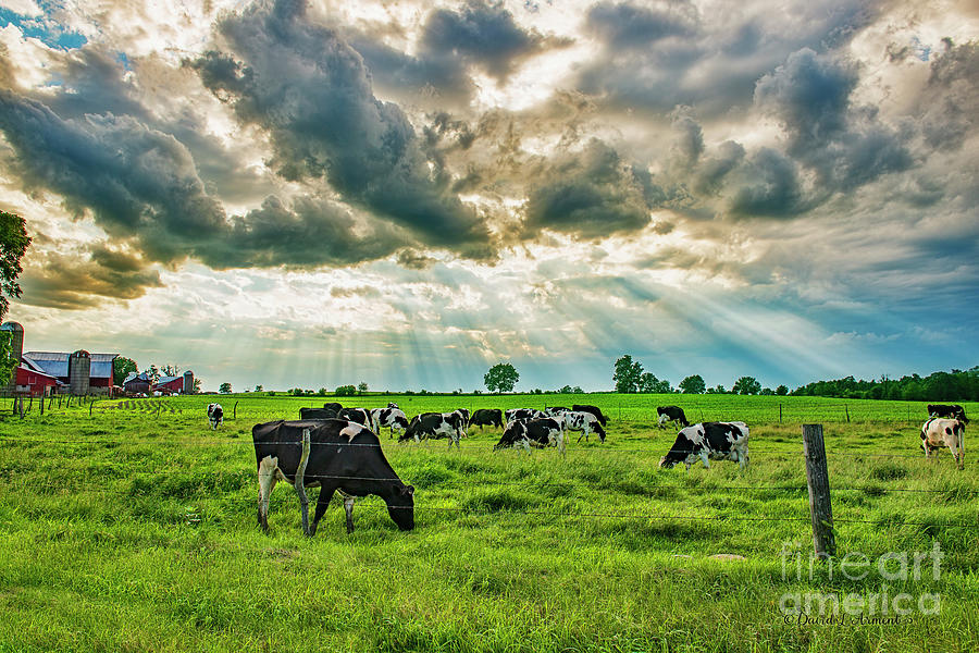Sunbeams stream through clouds in rural Indiana Farm landscape Photograph by David Arment