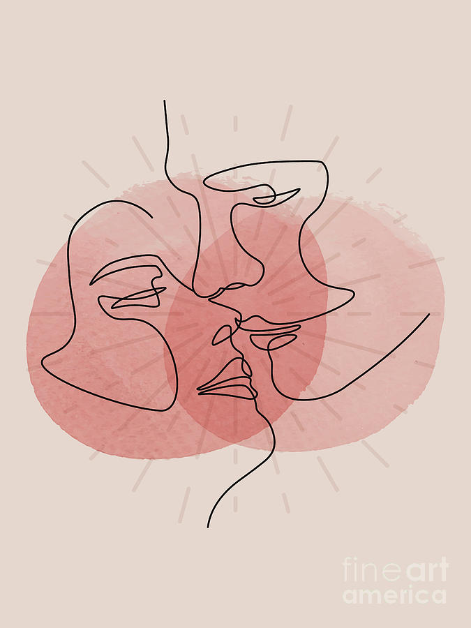 Valentines Day Drawing - Sunburst and kisses, erotic printable wall art, adult single line drawing, kamasutra print poster by Mounir Khalfouf