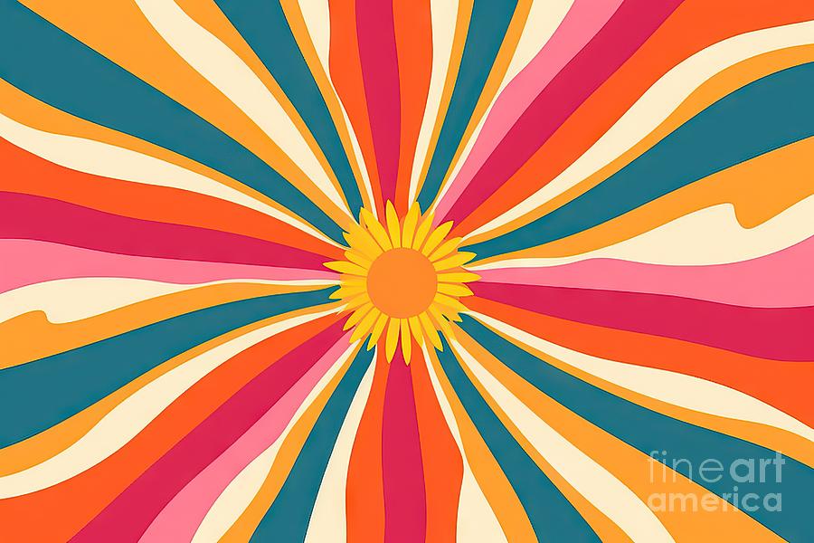 Abstract Painting - Sunburst Retro Vibes Graphic Print Groovy Background 60s 70s by N Akkash