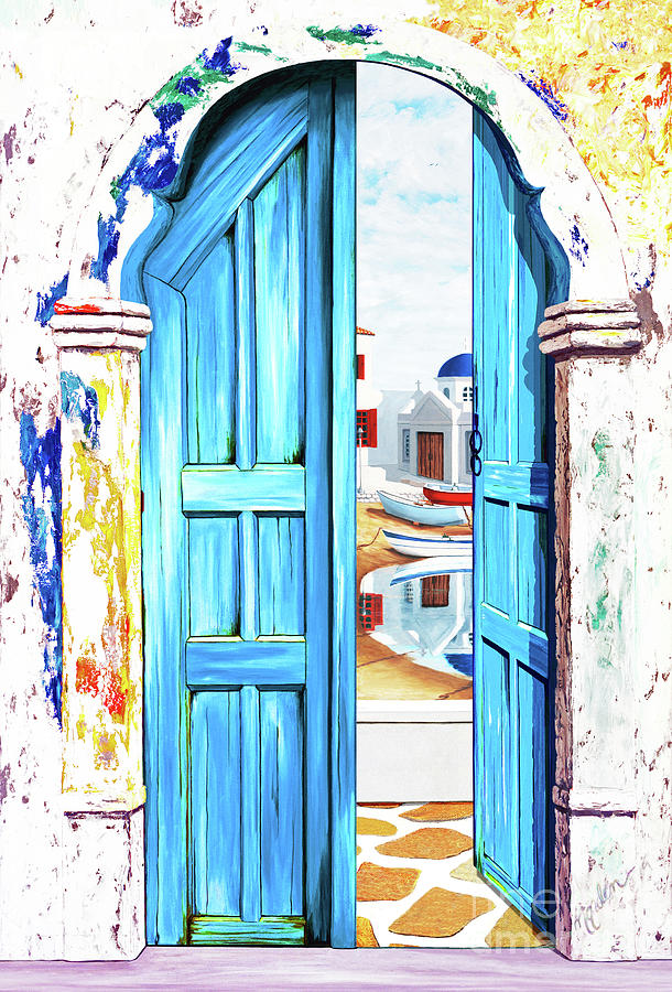 SUNDAY, IN MYKONOS BAY-Prints of Oil Paintings Painting by Mary Grden
