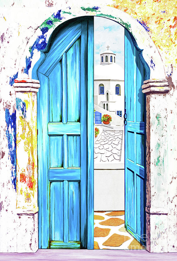 SUNDAY IN SANTORINI-Prints of Oil Paintings Painting by Mary Grden