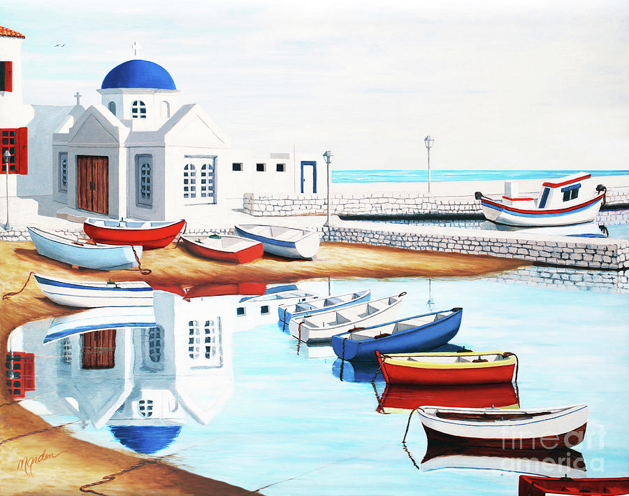 SUNDAY, MORNING, MYKONOS BAY - Prints of Oil Painting Painting by Mary Grden