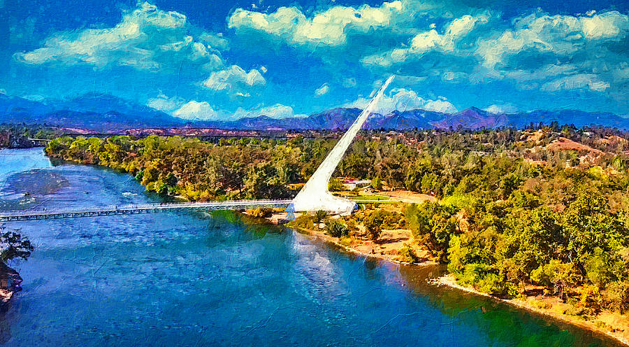 Sundial Bridge over the Sacramento River in Redding, California - digital painting Digital Art by Nicko Prints