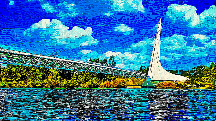 Sundial Bridge over the Sacramento River in Redding, California - impressionist painting Digital Art by Nicko Prints