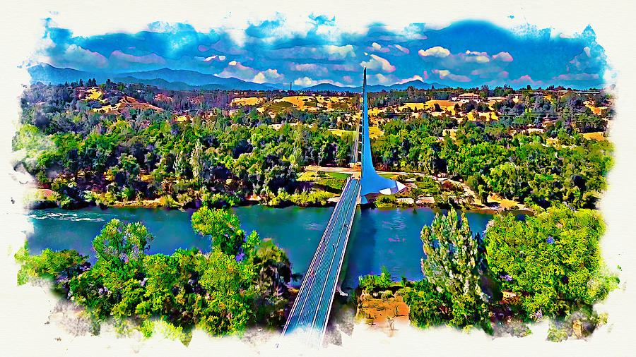 Sundial Bridge over the Sacramento River in Redding, California - watercolor painting Digital Art by Nicko Prints
