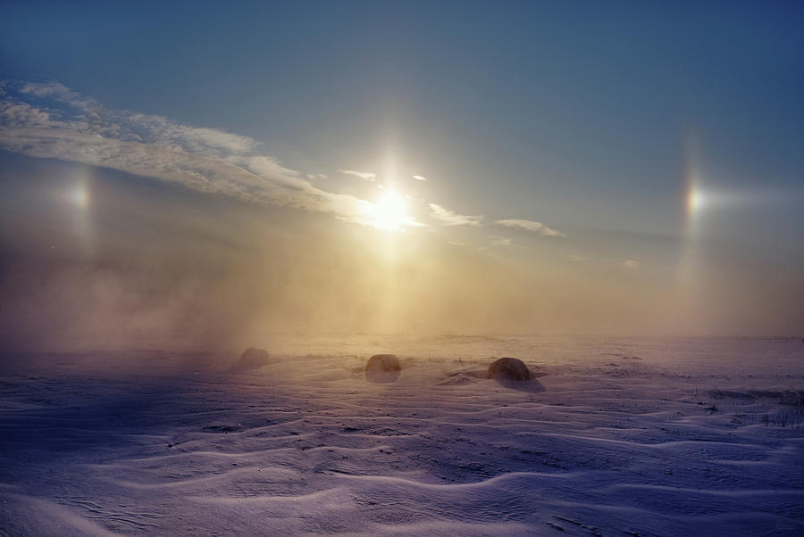 Sundogs Photograph - Sundogs and haybales in a blizzard-like ND snowscape by Peter Herman