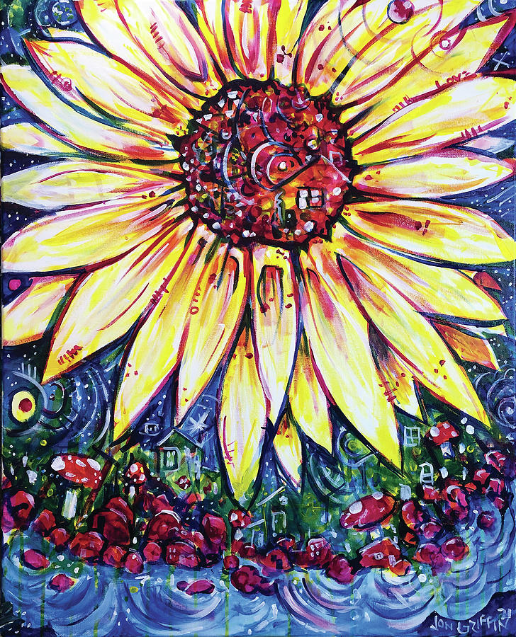 Sunflower Painting - SunfloWers over Green City by a lake, stream or other body of Water #37 by Jon Griffin