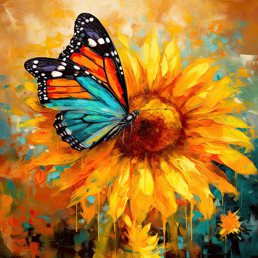 Sunflower And Butterfly Painting Painting by Lourry Legarde